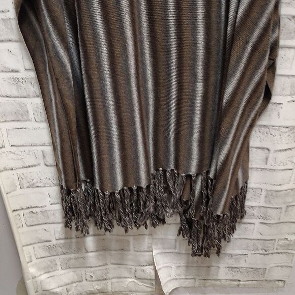 Striped Hooded Poncho with Fringe - Picture 2 of 4